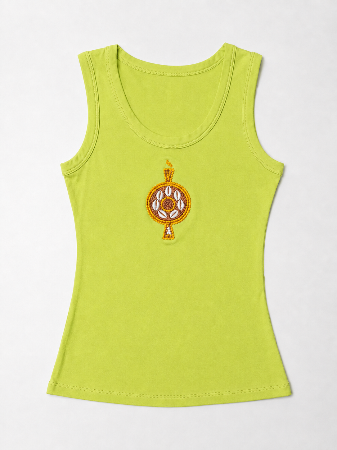 Front view of The ÌGBÀANÌ Tank in Citrus Leaf with embellished chest motif