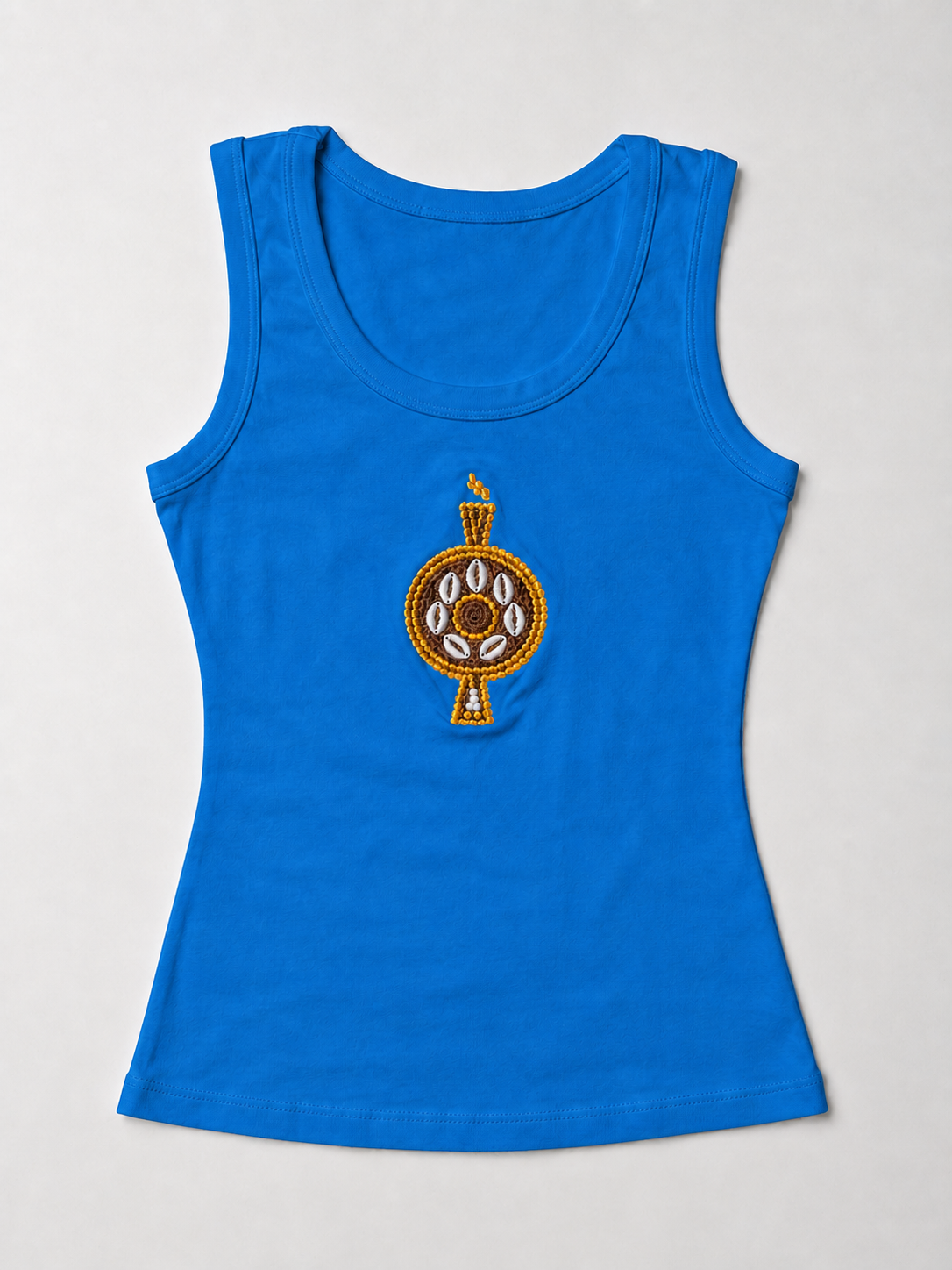 Front view of The ÌGBÀANÌ Tank in Cobalt Current, Electric Blue, with embellished chest motif