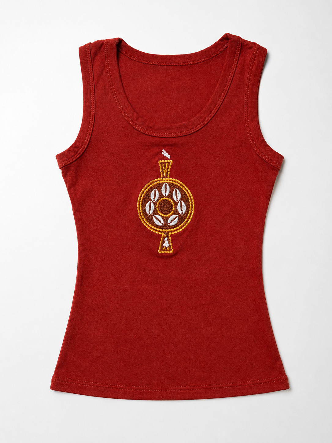 Front view of The ÌGBÀANÌ Tank in Ember Clay burnt orange with embellished chest motif