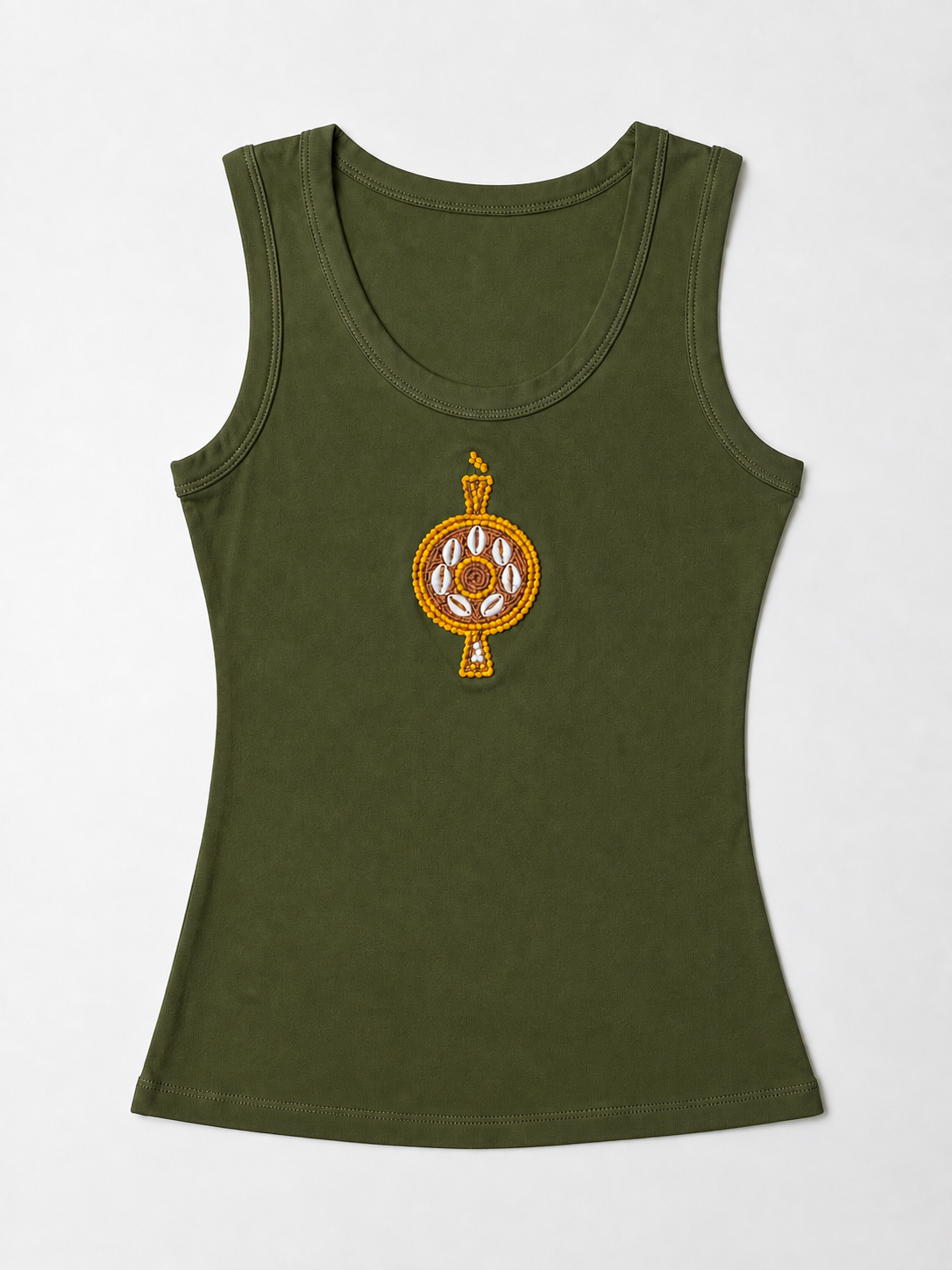 Front view of The ÌGBÀANÌ Tank in ÌGBÀANÌ Olive with embellished chest motif