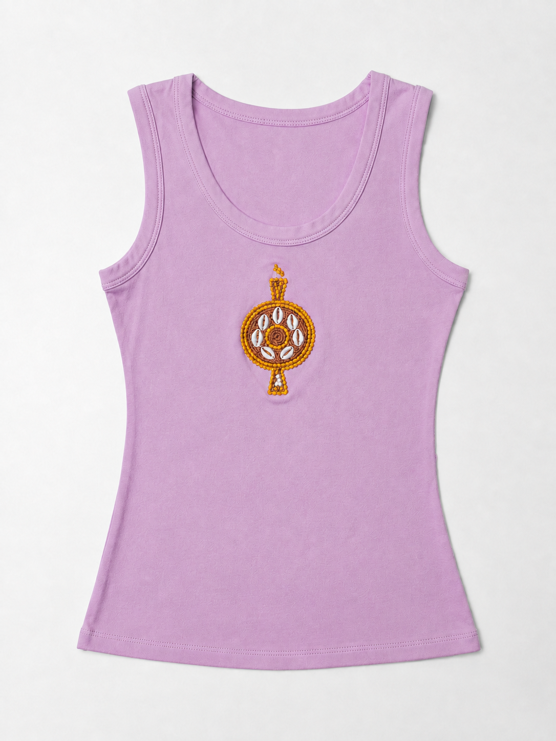 Front view of The ÌGBÀANÌ Tank in Lilac with embellished chest motif
