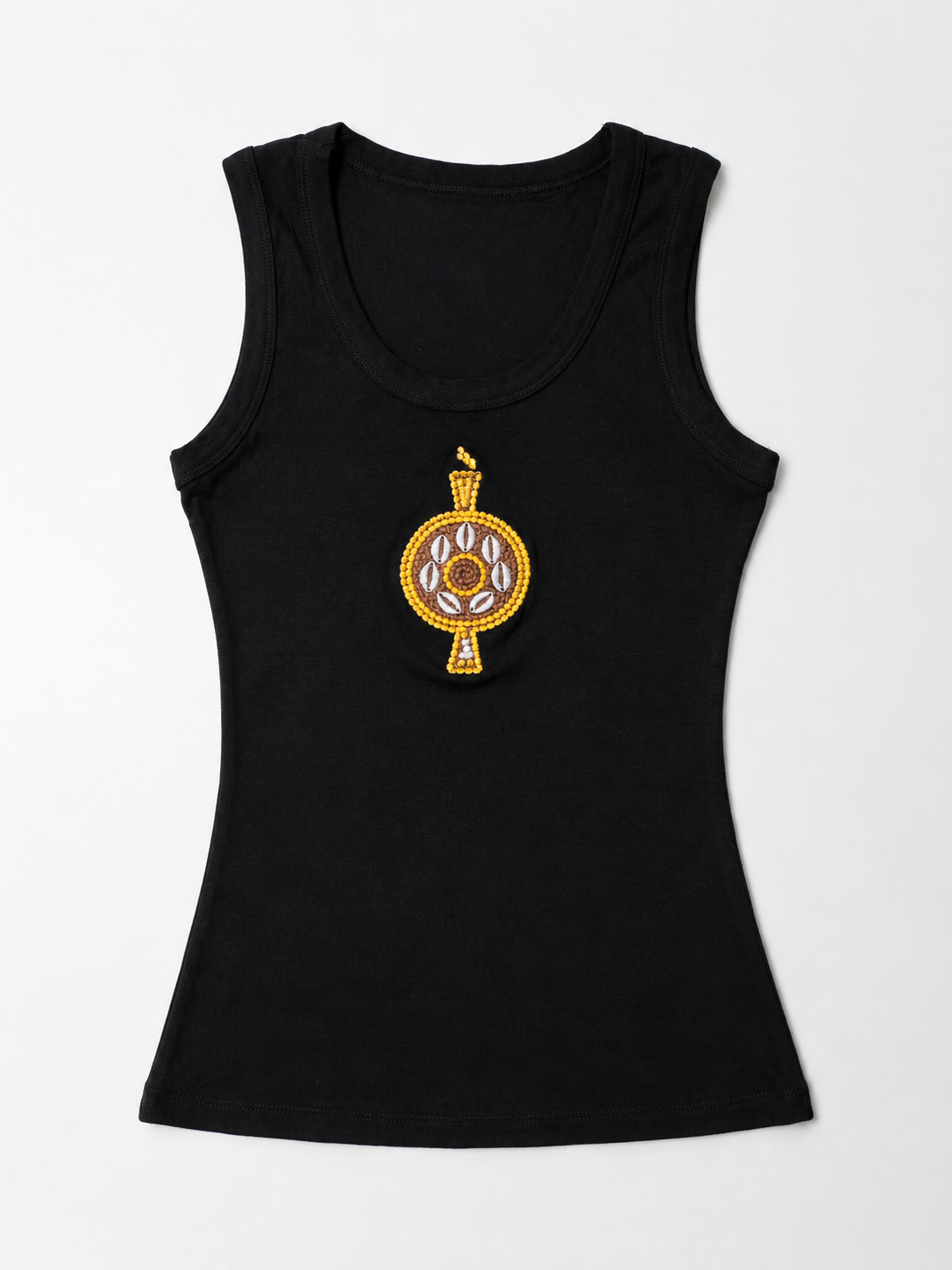 Front view of The ÌGBÀANÌ Tank in Midnight black with embellished chest motif