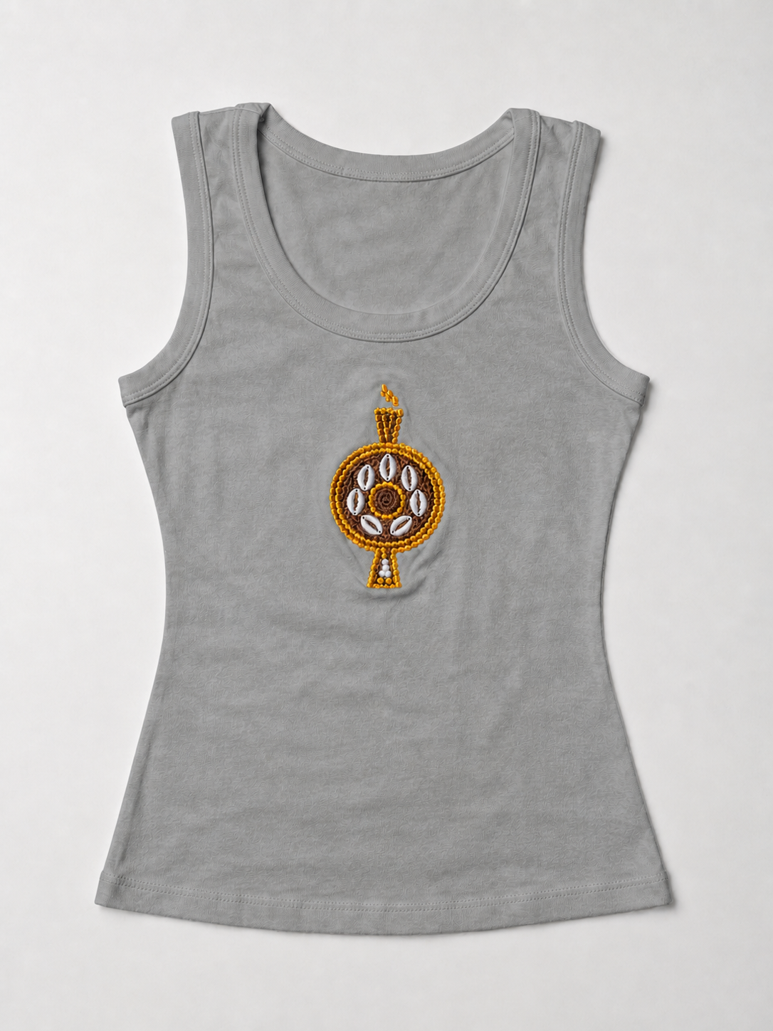 Front view of The ÌGBÀANÌ Tank in Moonstone, Heather Grey, with embellished chest motif