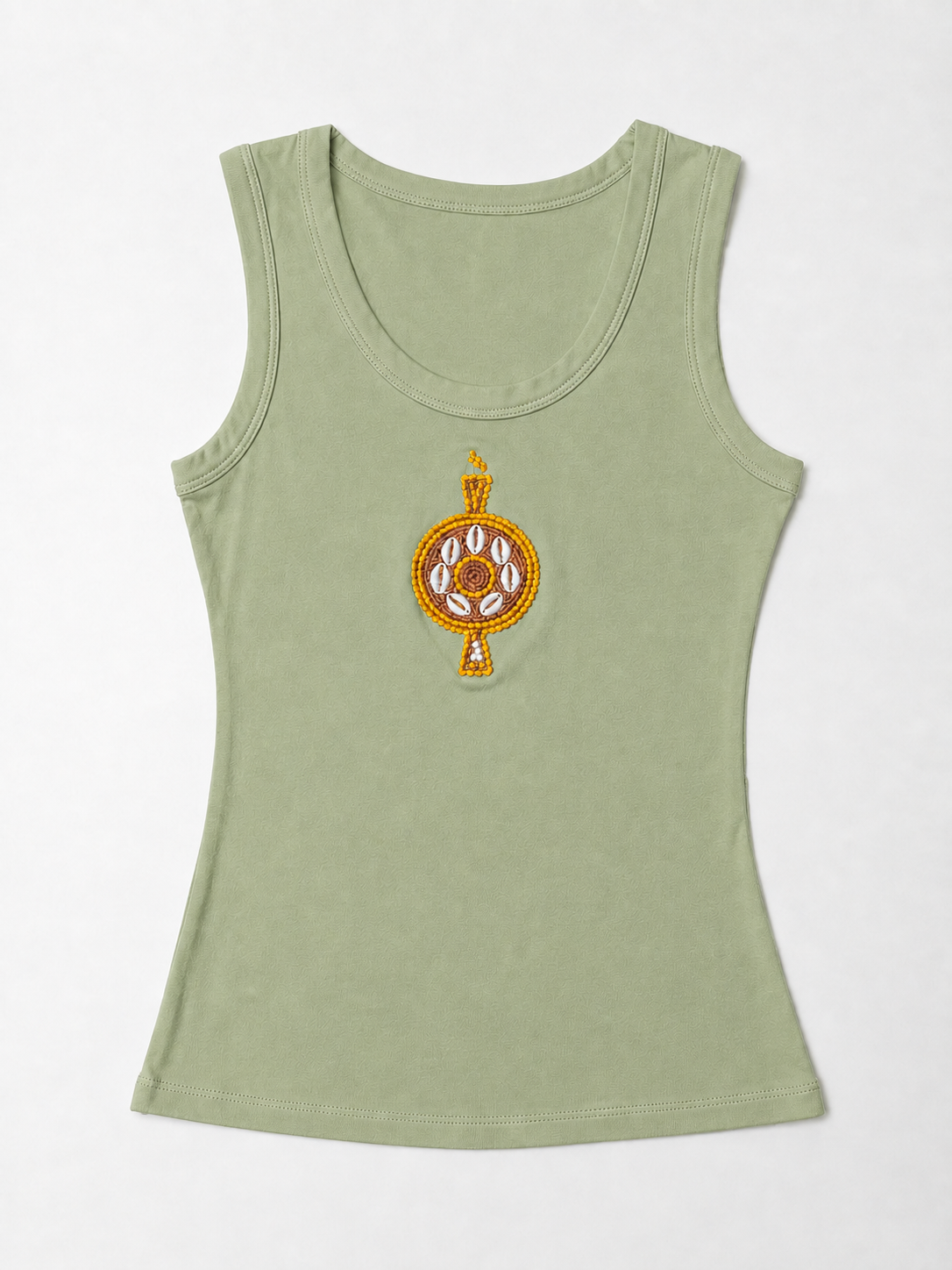 Front view of The ÌGBÀANÌ Tank in Quiet Sage with embellished chest motif