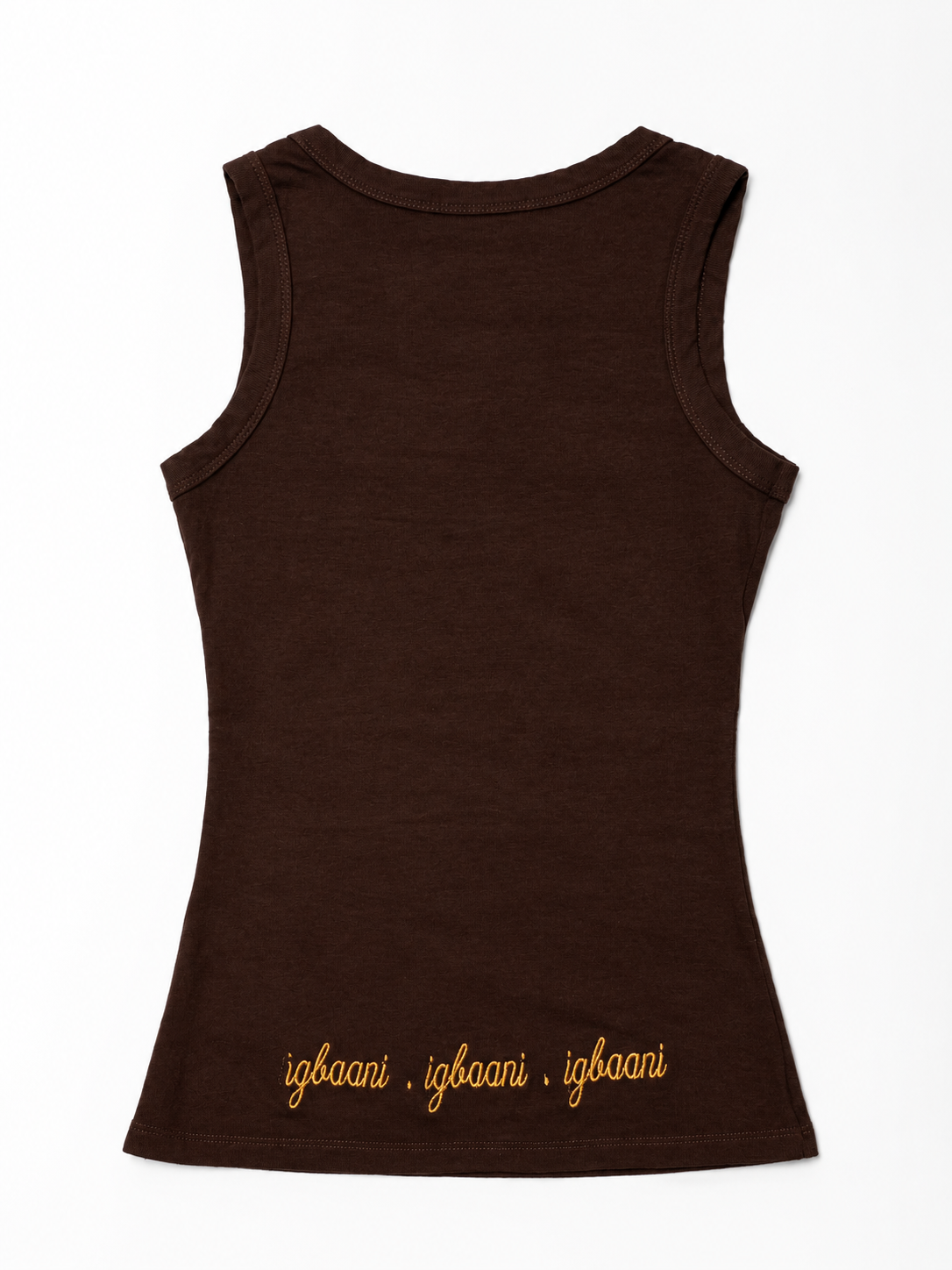 Back view of The ÌGBÀANÌ Tank in Rooted Umber brown with embroidered hem signature
