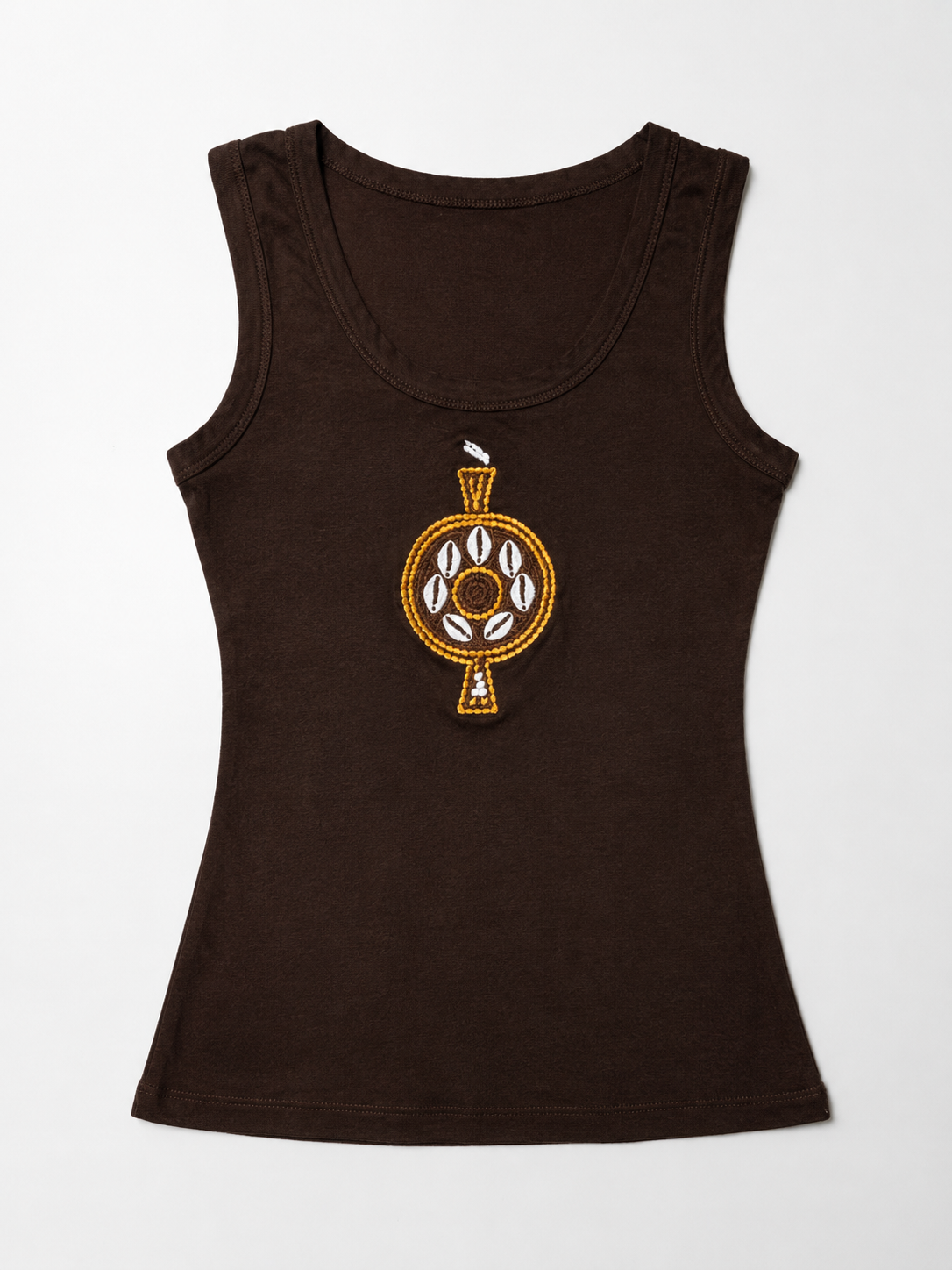 Front view of The ÌGBÀANÌ Tank in Rooted Umber brown with embellished chest motif