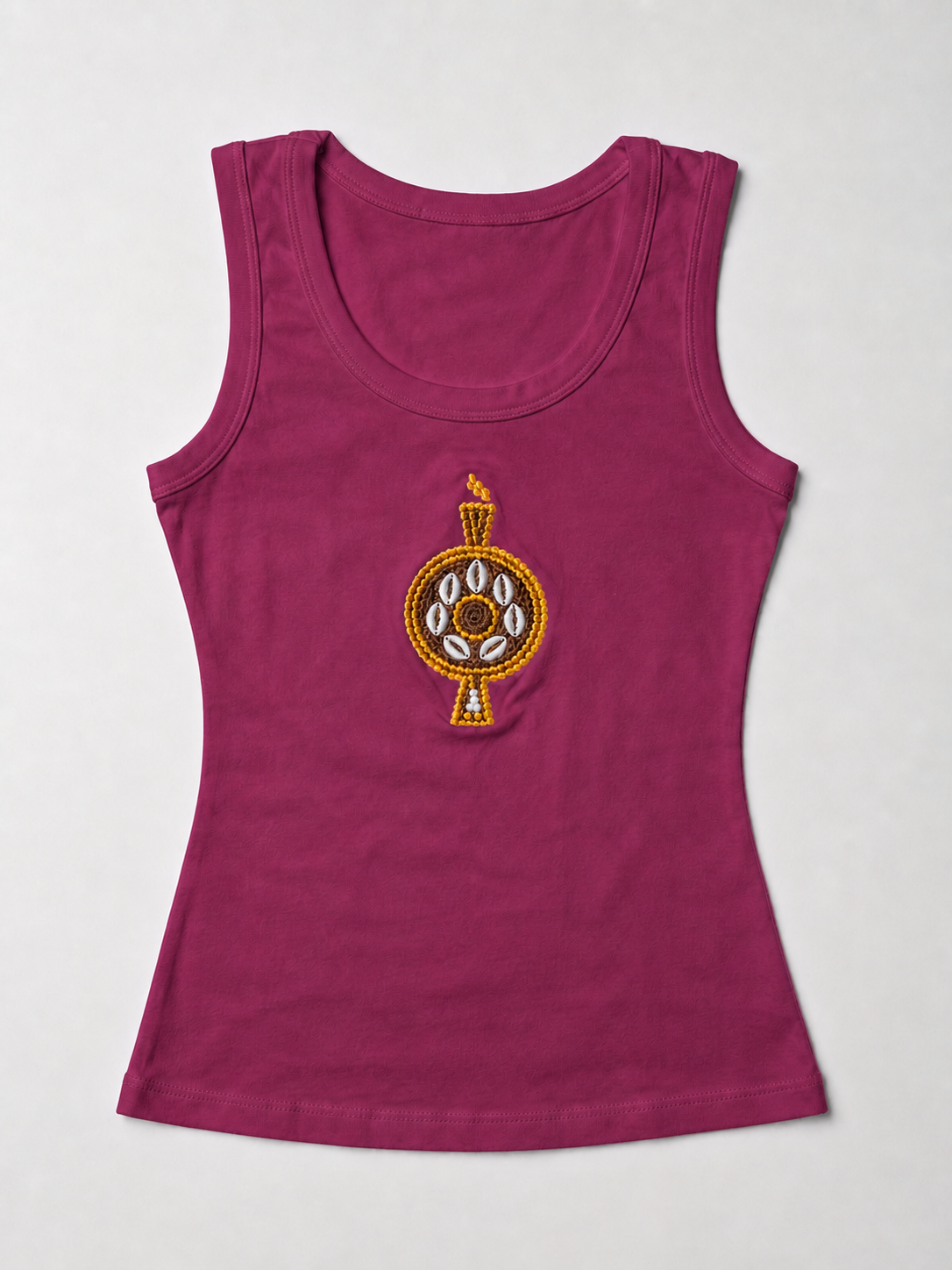 Front view of The ÌGBÀANÌ Tank in Royal Amethyst, Berry Plum, with embellished chest motif