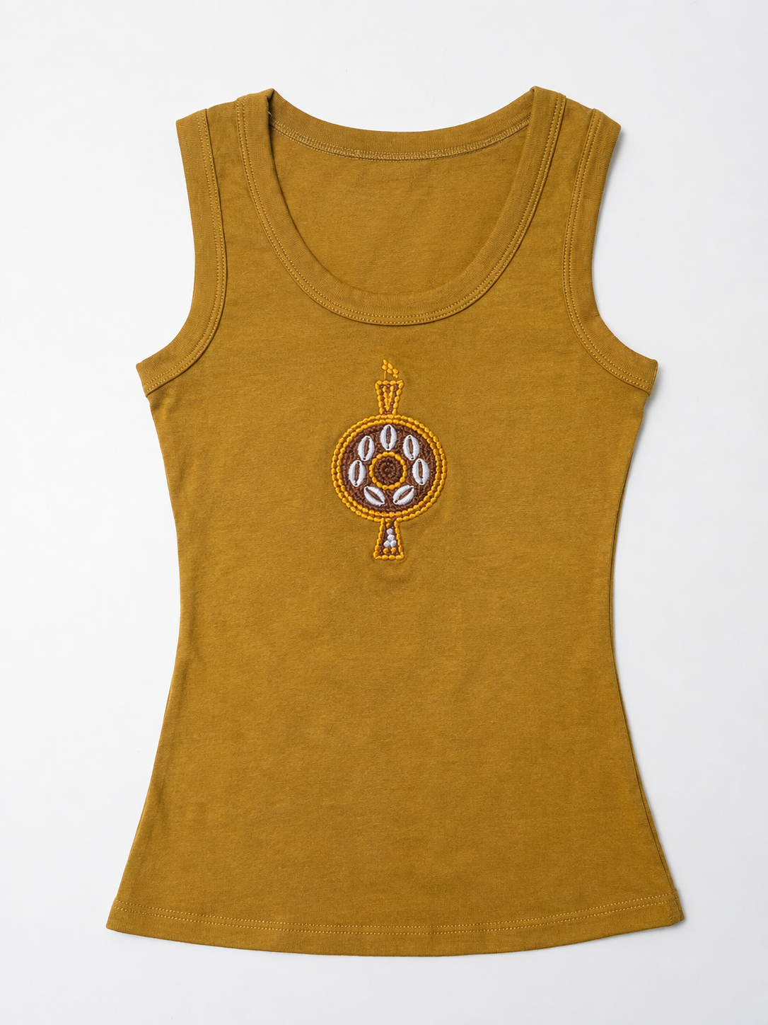 Front view of The ÌGBÀANÌ Tank in Saffron Gold mustard with embellished chest motif