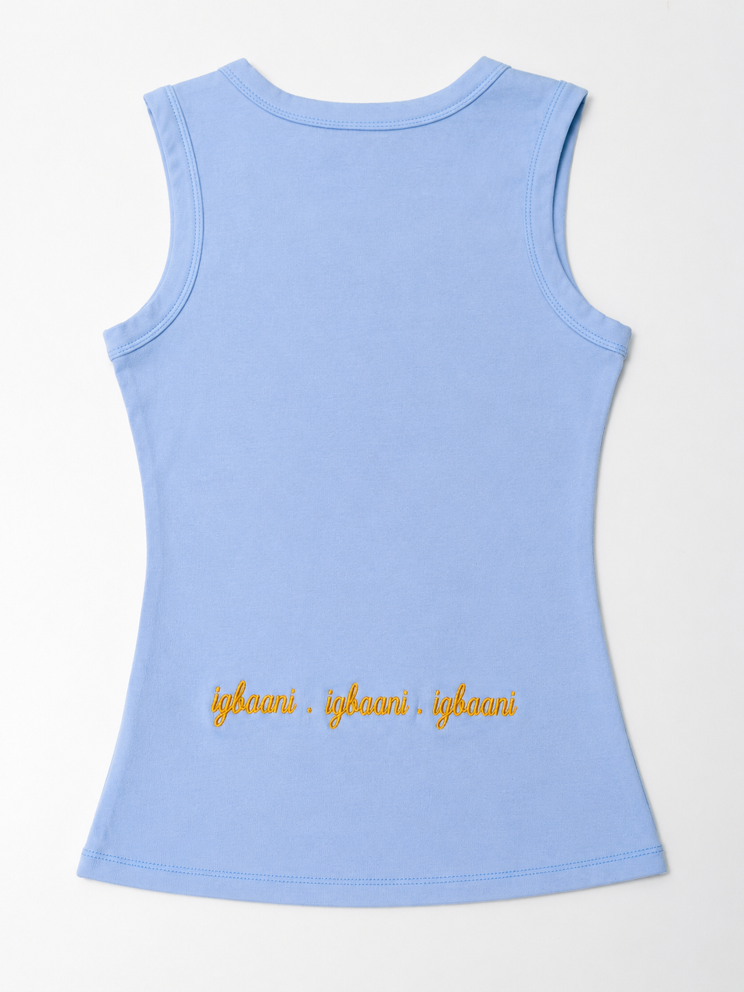 Back view of The ÌGBÀANÌ Tank in Sky Veil powder blue with embroidered hem signature
