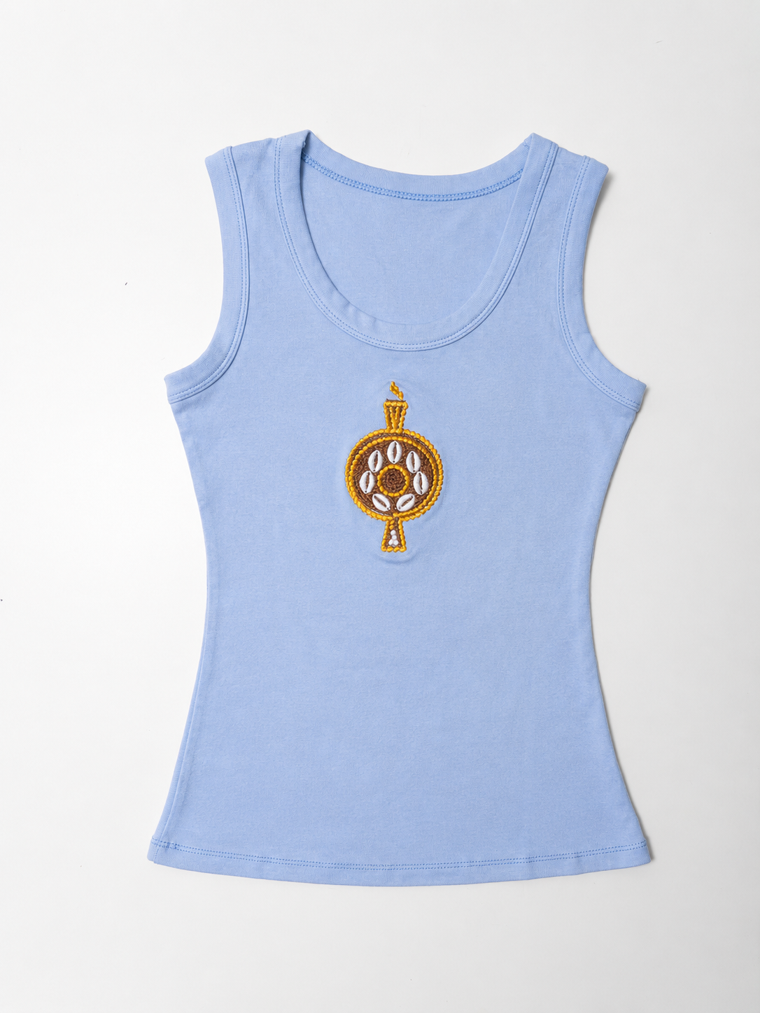 Front view of The ÌGBÀANÌ Tank in Sky Veil powder blue with embellished chest motif