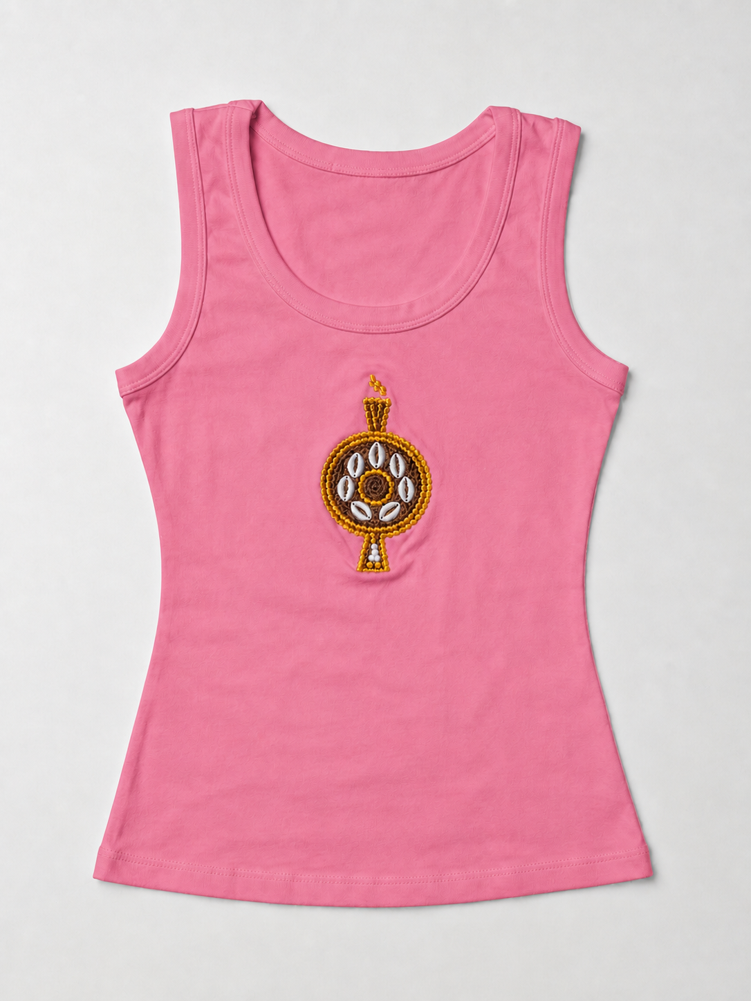 Front view of The ÌGBÀANÌ Tank in Vivid Rose, Bubblegum Pink, with embellished chest motif